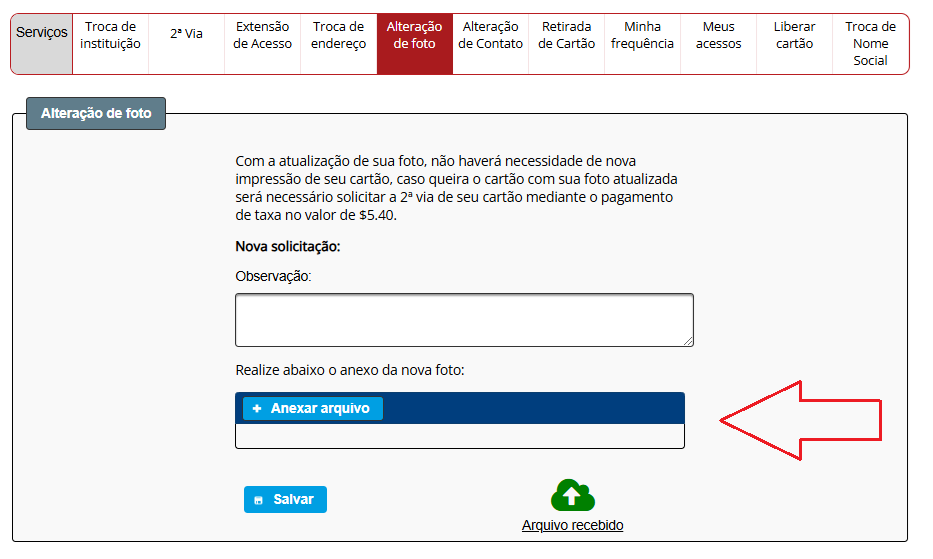 Figura 3 - Tela de alteração de foto no sistema do Passe Livre Estudantil