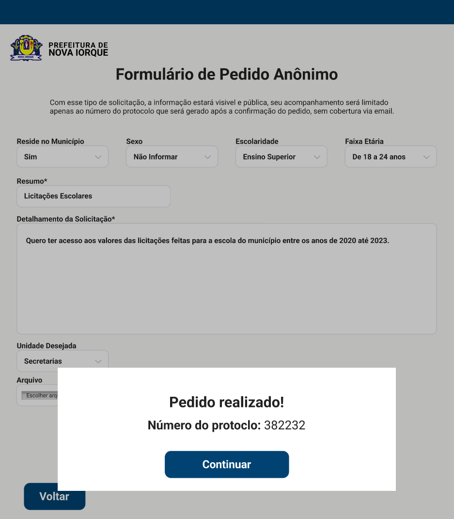 feedback de sucesso no e-sic