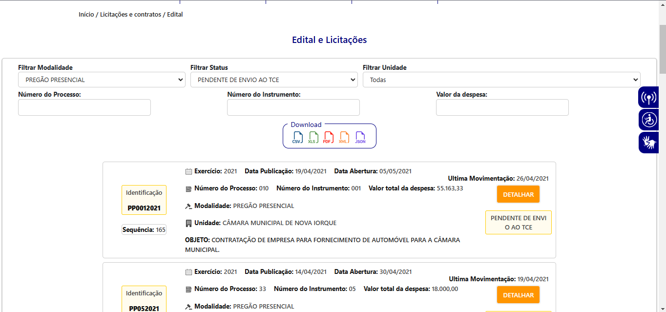 Figura 5: Apresentação dos editais de licitação e contrato  